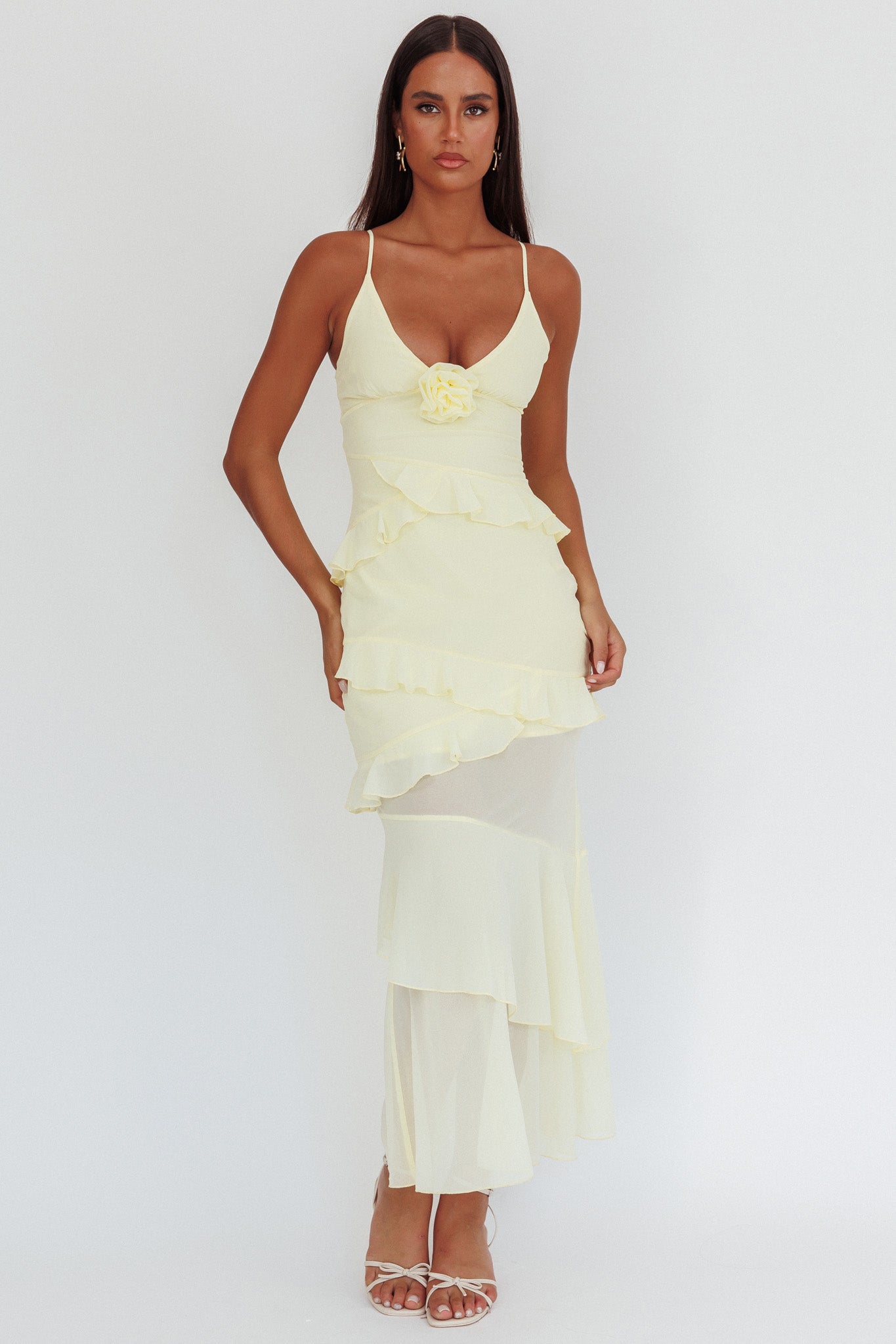 Marlie Frill Trim Rosette Maxi Dress Butter