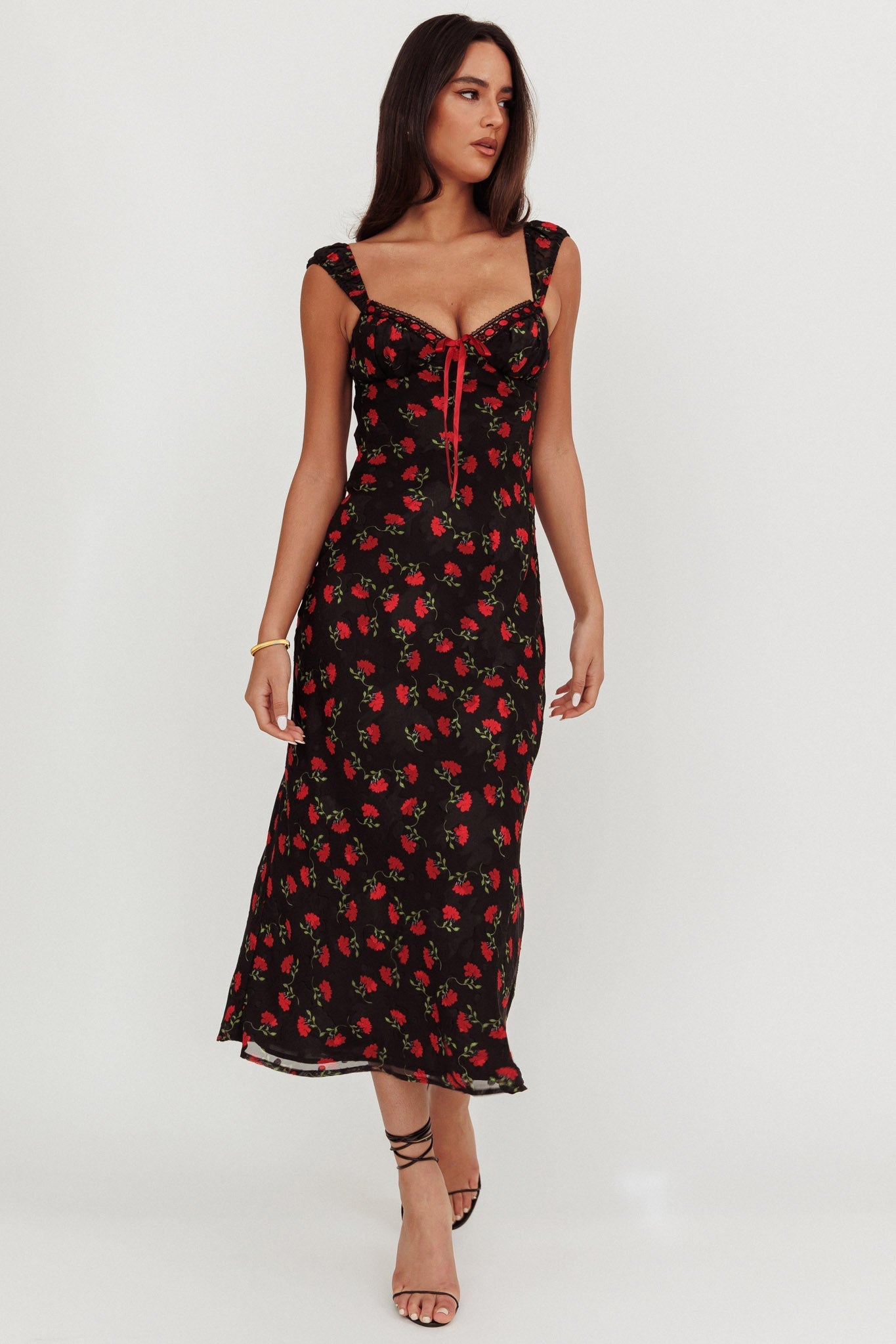Femme Belle Ribbon Trim Maxi Dress Floral Black