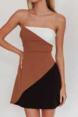 Kindle Strapless Contrast Panels Mini Dress Tan Multi