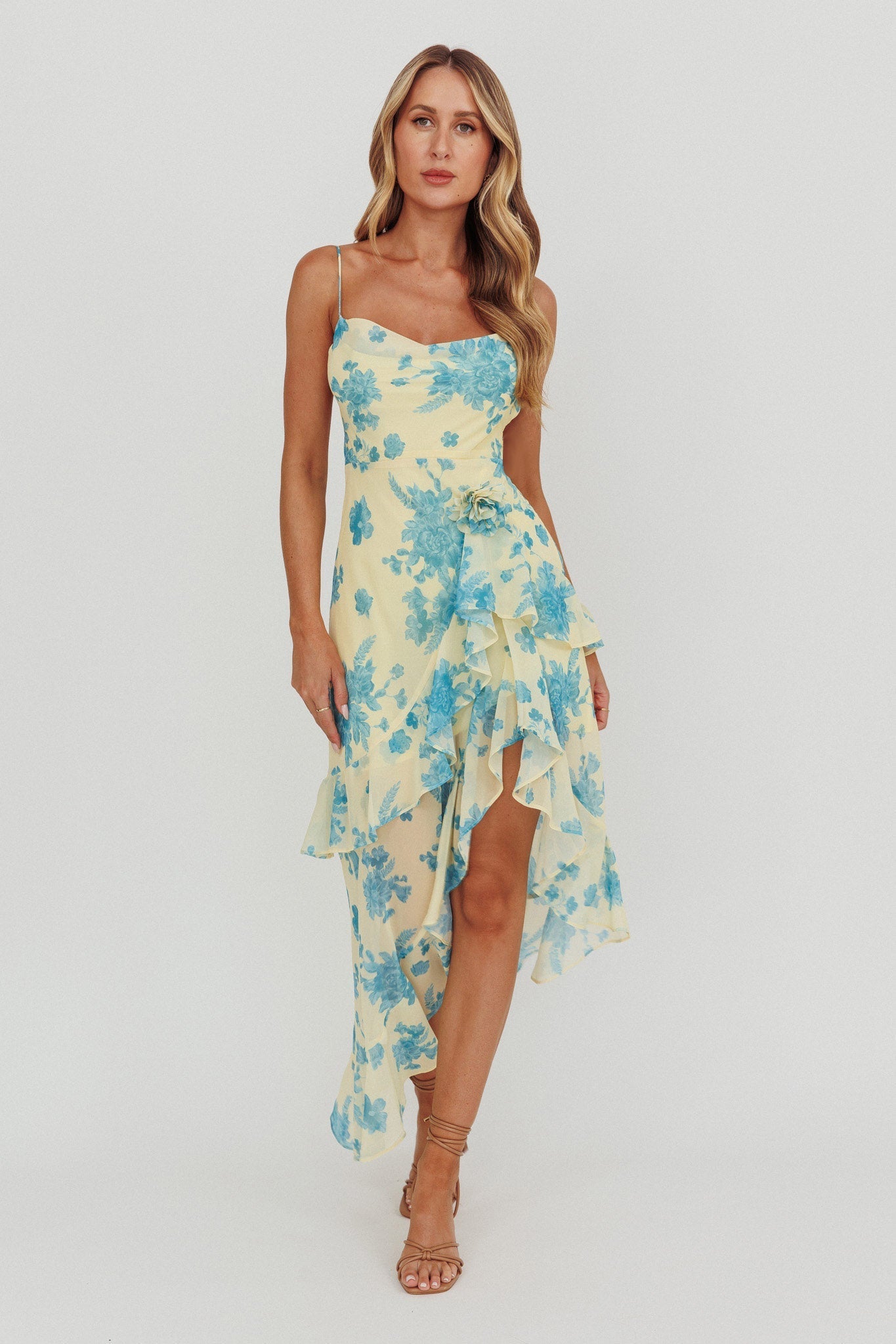 Chances Rosette Ruffle Midi Dress Floral Lemon