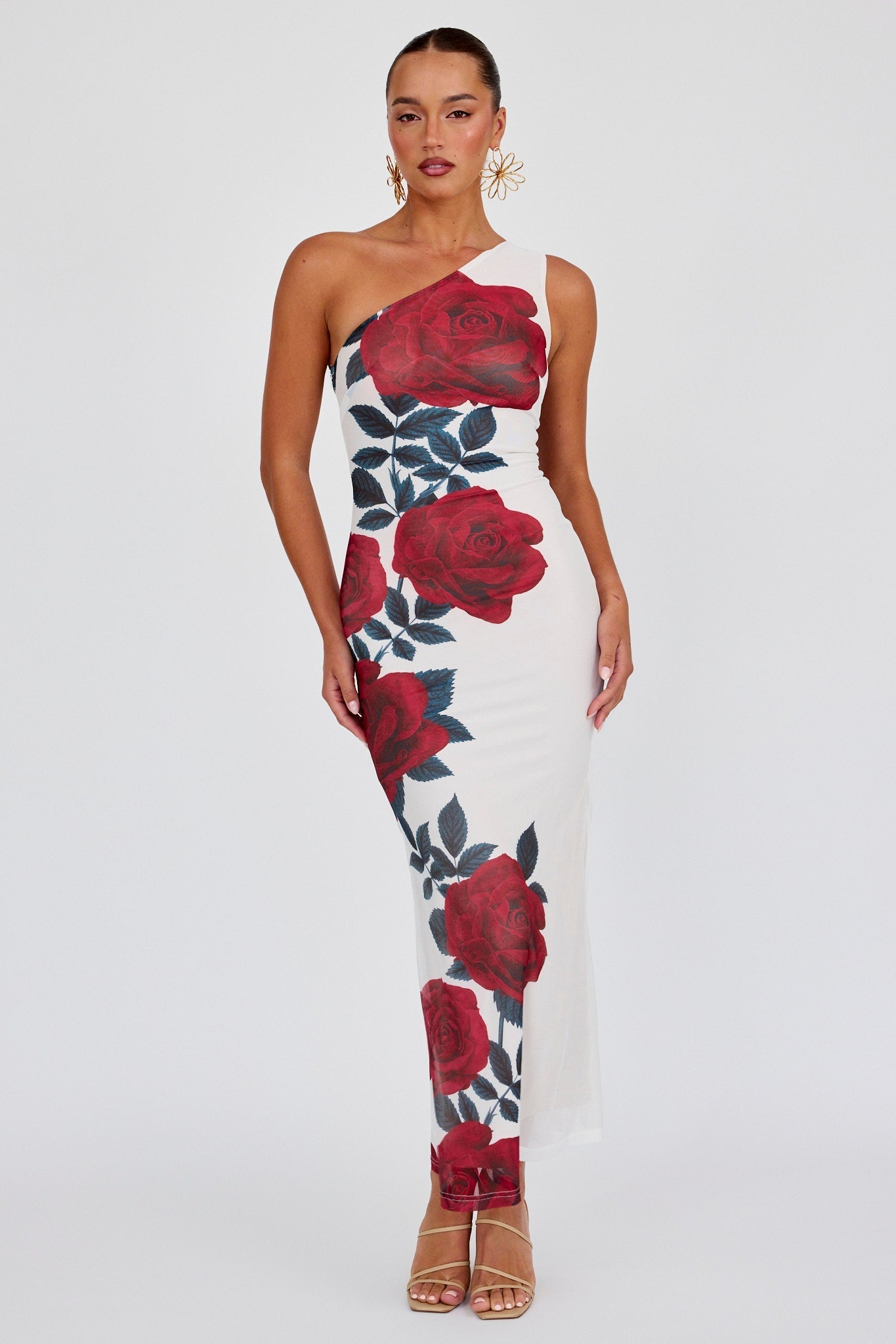 Desiree One Shoulder Mesh Maxi Dres Rose