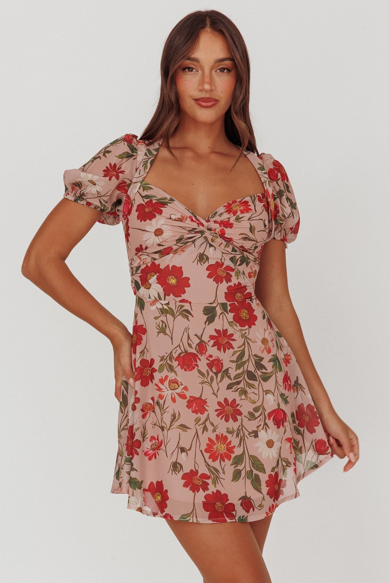 Dillon Twist Bust Mini Dress Floral Beige