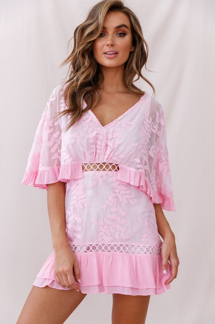 Caspar Leafy Embroidered Dress Baby Pink