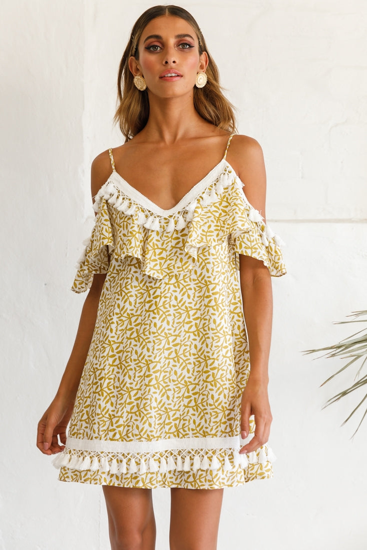 Hayman Cold-Shoulder Tassel Trim Dress Mustard Print