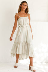 Golden Days Tied-Shoulder Midi Dress Stripe Pattern Olive