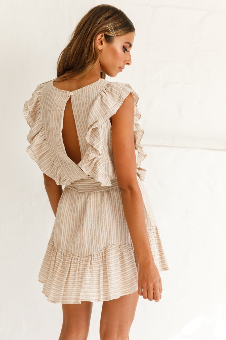 Easy Breezy Sleeveless Swing Dress Stripe Print Beige