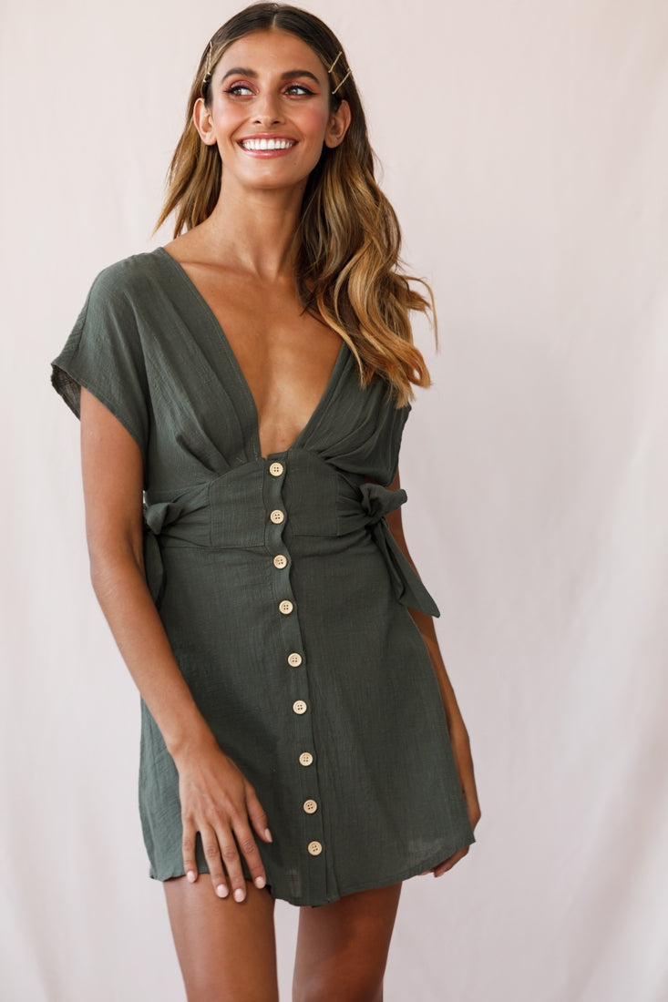 Dara Button Accent Dress Green Khaki