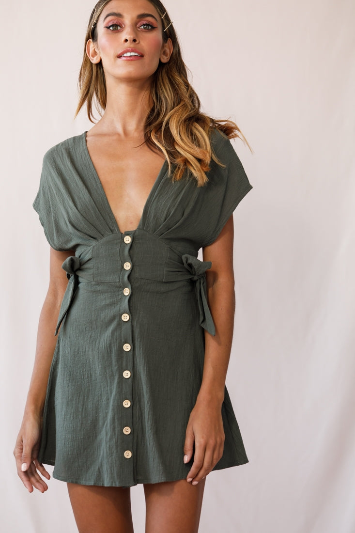 Dara Button Accent Dress Green Khaki