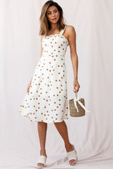 Magdalene Frill Strap A-Line Midi Dress Polka Dot Print Beige