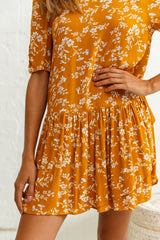 Marika Dropped Waist Short Sleeve Shift Dress Floral Print Mustard