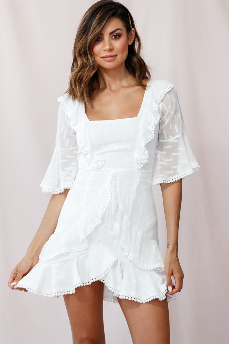 Evangelina Square Neckline Fluted Half-Sleeve Dress White