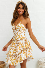 Evie Fitted Bodice Double Flounce Hem Floral Print Dress White