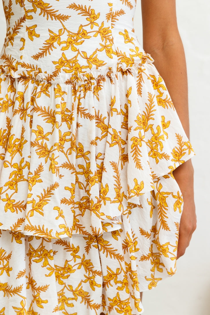 Evie Fitted Bodice Double Flounce Hem Floral Print Dress White