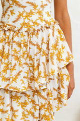 Evie Fitted Bodice Double Flounce Hem Floral Print Dress White