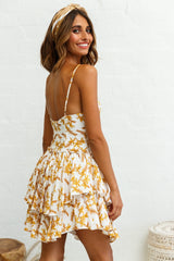 Evie Fitted Bodice Double Flounce Hem Floral Print Dress White