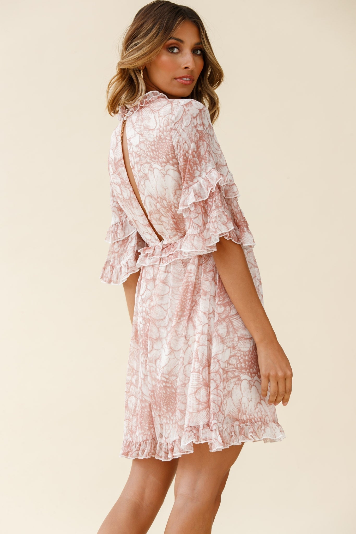 Gemma V-Neckline Frill Detail Dress Flower Print Nude