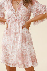 Gemma V-Neckline Frill Detail Dress Flower Print Nude