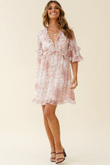 Gemma V-Neckline Frill Detail Dress Flower Print Nude