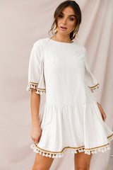 Donna Dropped Waist Tassel Dress Beige