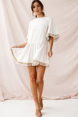 Donna Dropped Waist Tassel Dress Beige