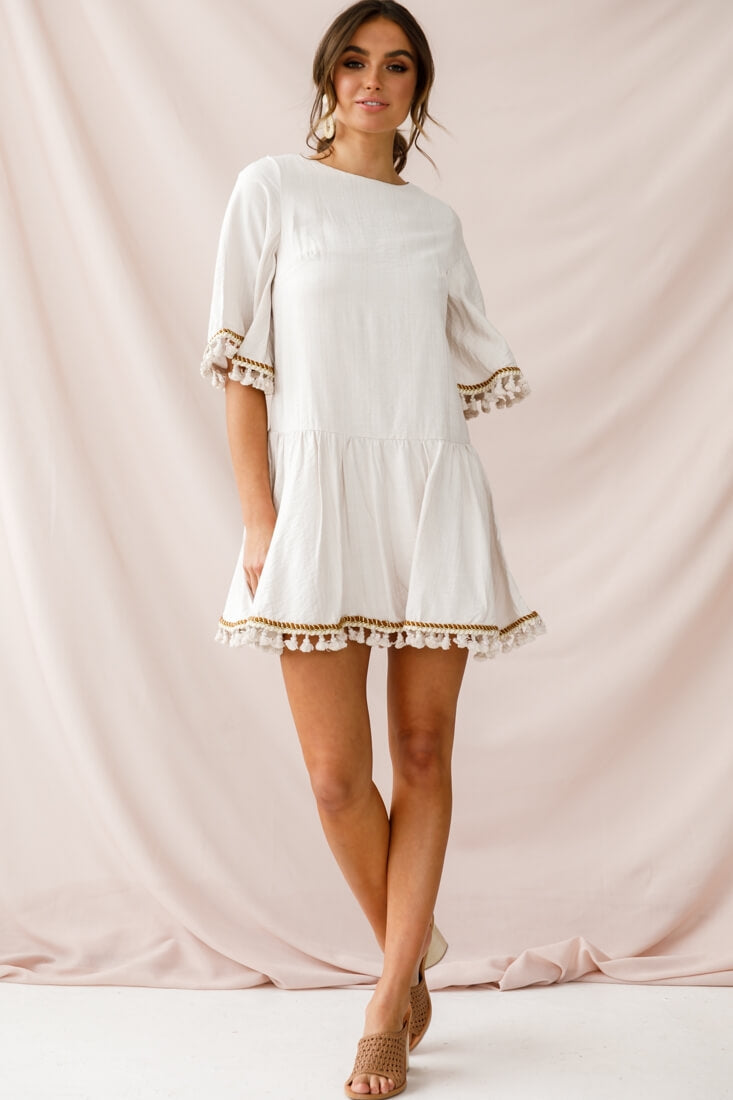 Donna Dropped Waist Tassel Dress Beige