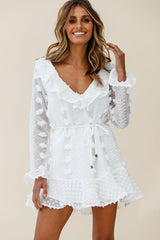 Georgie Long Sleeve Frill Neckline Embellished Chiffon Dress White