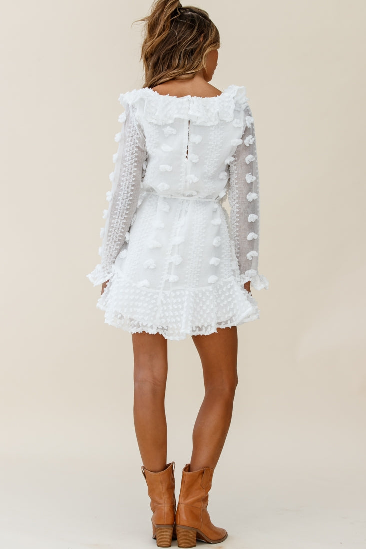 Georgie Long Sleeve Frill Neckline Embellished Chiffon Dress White