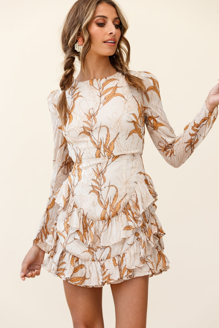 Liz Long Sleeve Double Ruffle Dress Leaf Print Beige